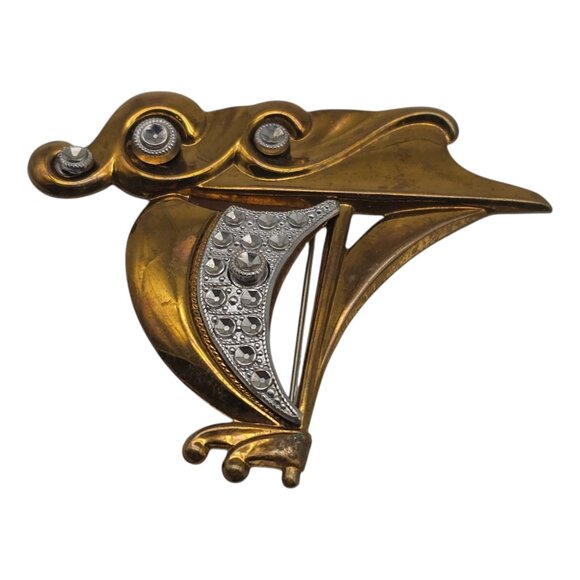 Vintage Brass Sailbaot Sailing Waves Brooch 3" Nautical Boat Retro Silver Tone - Picture 3 of 6